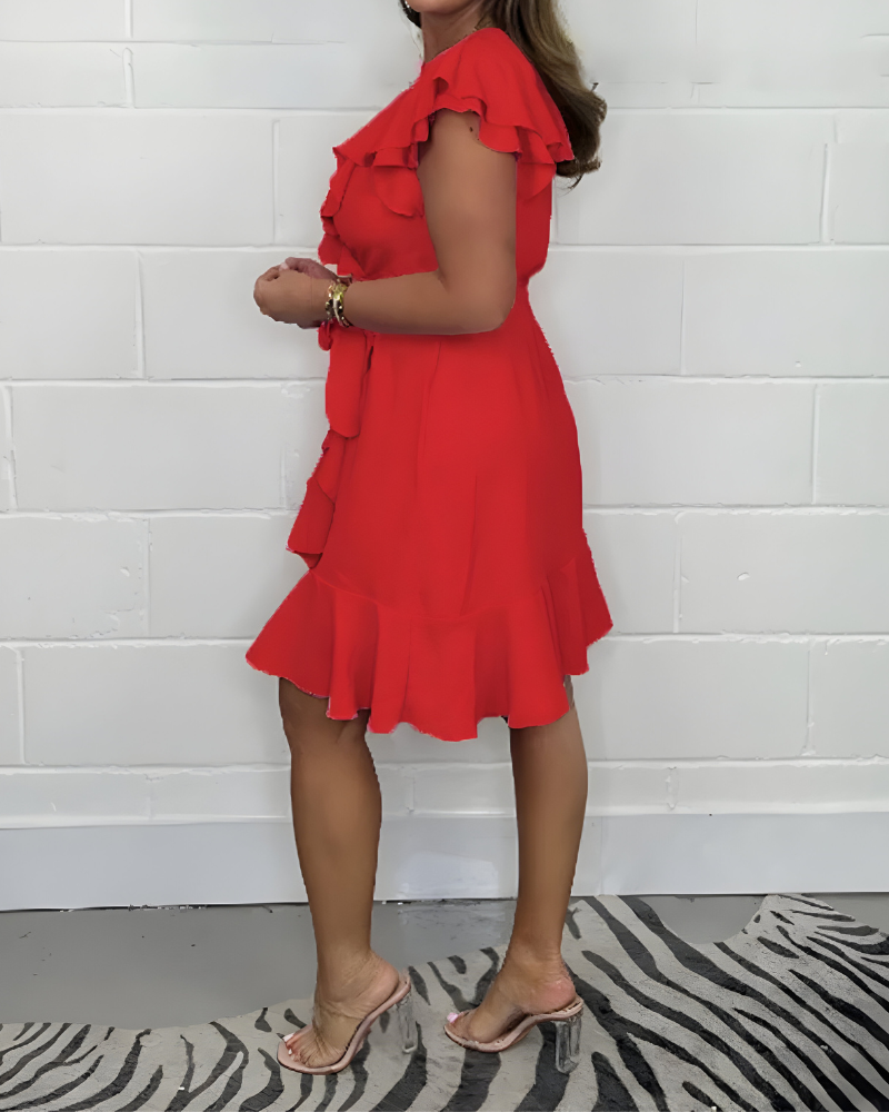 Maribelle Lightweight V-Neck Ruffled Waist Dress
