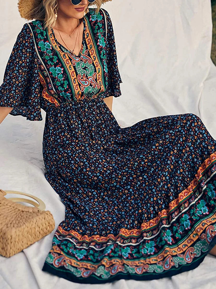 Amaya Printed V-Neck Maxi Dress