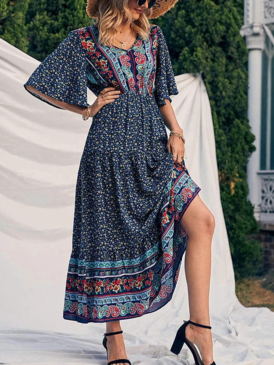 Amaya Printed V-Neck Maxi Dress